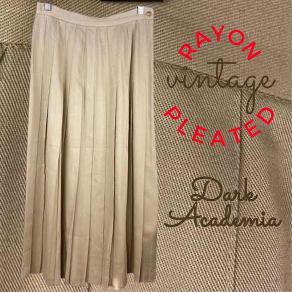 Vintage Dresses & Skirts - VINTAGE High Waist Pleated Long Skirt | Tan Rayon